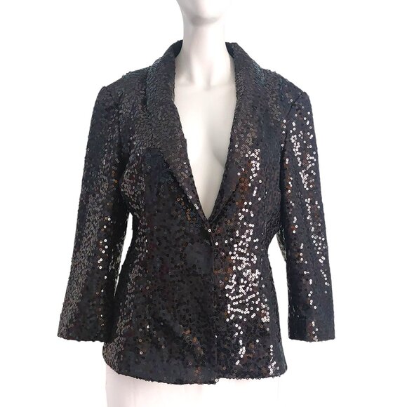 Black Sequins Blazer Jacket Women 10 Glam Evening 3/4 Sleeve Holiday Performance - Picture 1 of 14